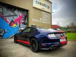 Custom Gloss Red Stripes on Dark Blue Gloss Mustang GT with Door Decals Rear View